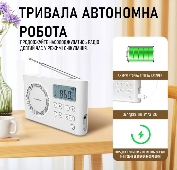 Радіоприймач кишеньковий з акумулятором 1200 мАг AIBEN C5S White (00-0