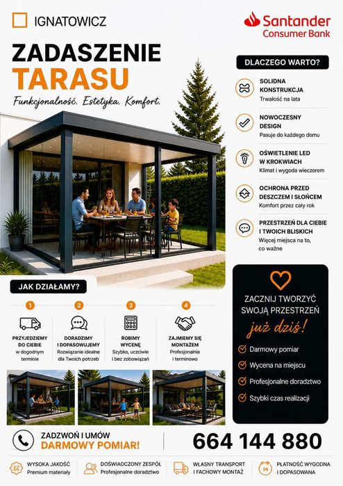 Zadaszenia, Pergole, Wiaty, Ogród Zimowy, Zabudowy Tarasów- PROMOCJA!