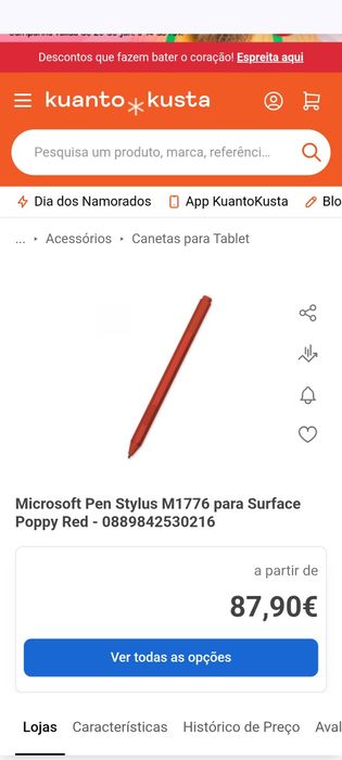 Caneta/stylus MPP 2.0 Microsoft -Poppy Red - compatível Surface + outr