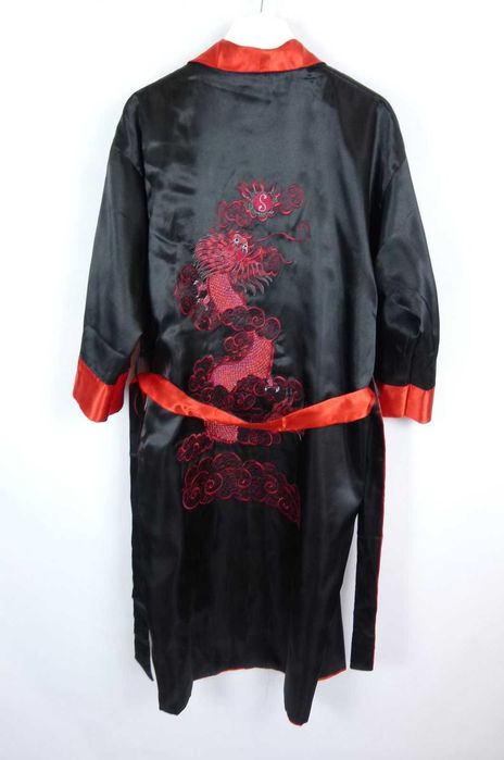 Satynowy dwustronny szlafrok wyszywany smok / S