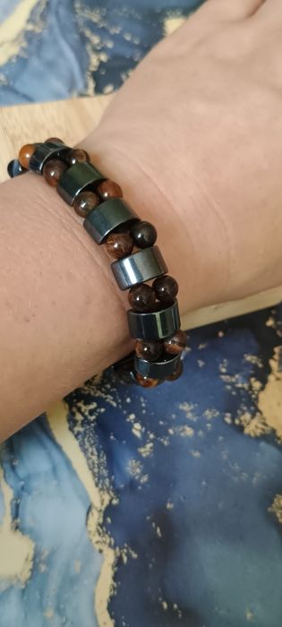 Bransoletka na gumce kamień naturalny tygrysie oko i hematyt