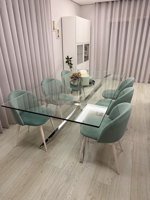 Mesa Octosolido Vidro Pés Inox 210 x 110