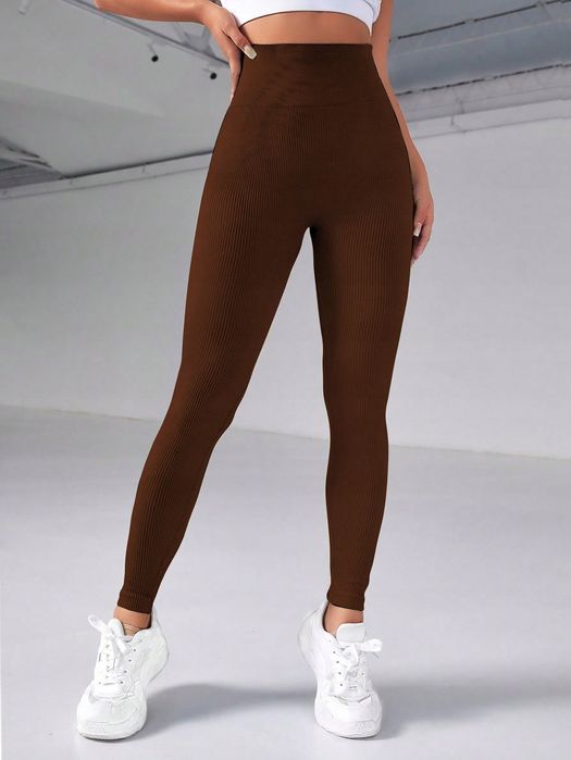Legginsy Sportowe Prążkowane Z Wysokim Stanem Brązowe Shein M 38