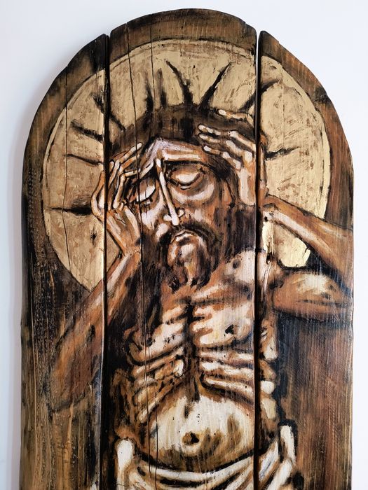 Ikona Jezus Chrystus Frasobliwy stare drewno