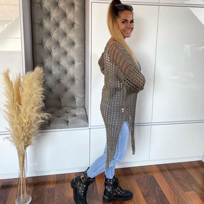 Sweter Ala Ola Voga Ażurowy -siatka -narzutka-Tunika Srebrna