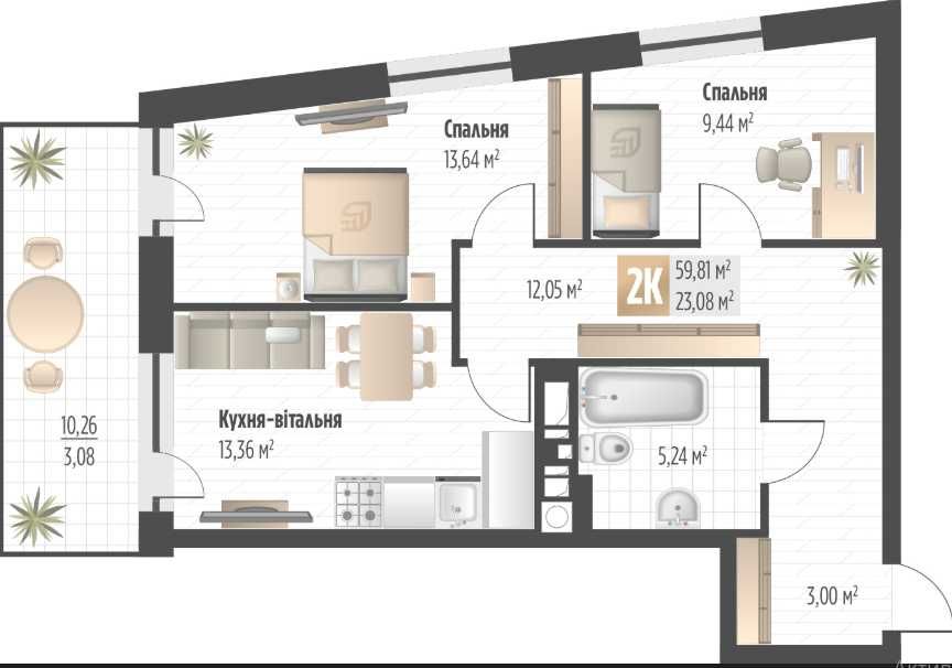 2-rooms apartment apartment by the address st. Orlika Pilipa (area 60 m²) - Atlanta.ua - photo 3