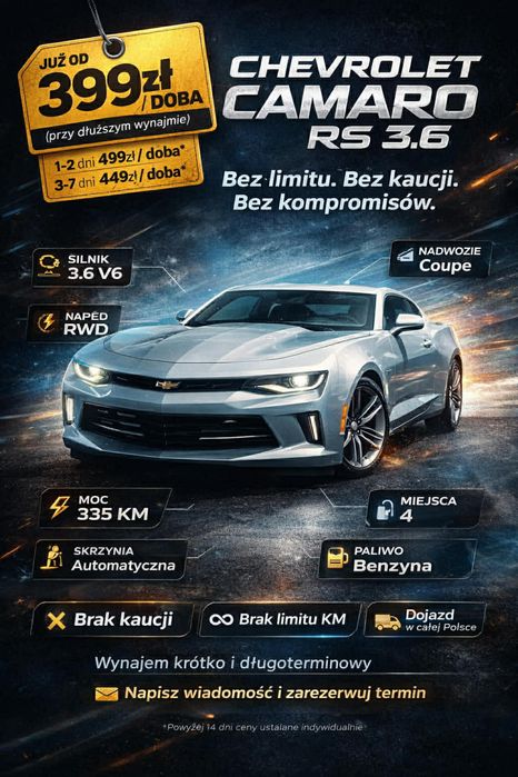 Wynajem Camaro pakiet RS bez Limitu i kaucji !