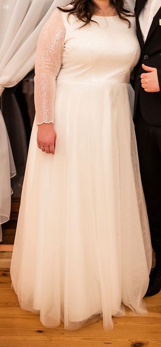 Suknia ślubna cekiny kremowa plus size 48 50 + sweterek