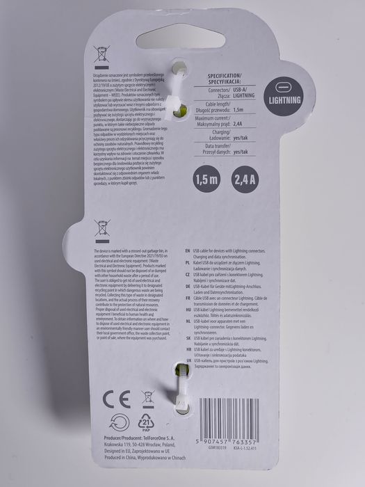 Kabel USB-A do Lightning 1,5m 2,4A Limonkowy WKr