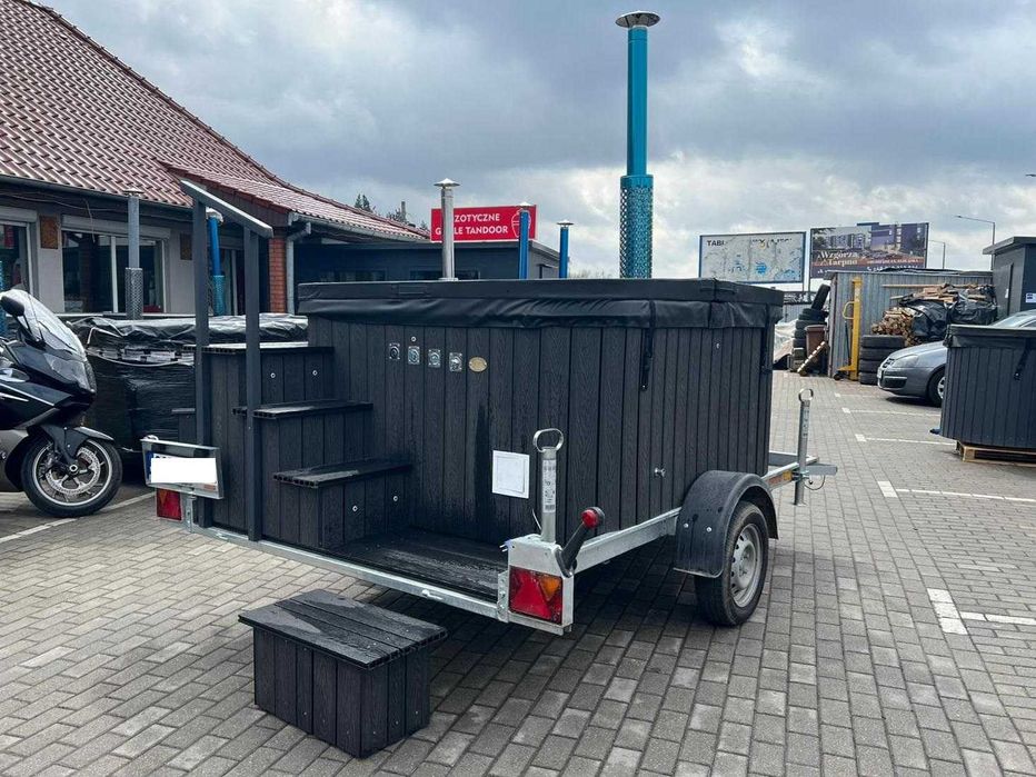 Balia Mobilna Jacuzzi Spa kompozyt hydromasaż przyczepka laminat kwadratowa bania z piecem