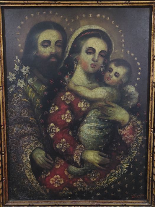 Sagrada família, escola cusquenha. Pintura a óleo em tela.