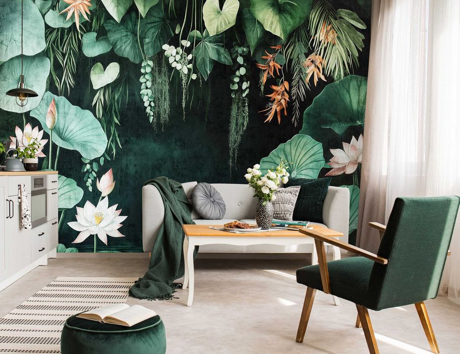 Fototapeta Ciemna Zieleń Kwiaty Liście Woda Dżungla Tropiki 3D + KLEJ