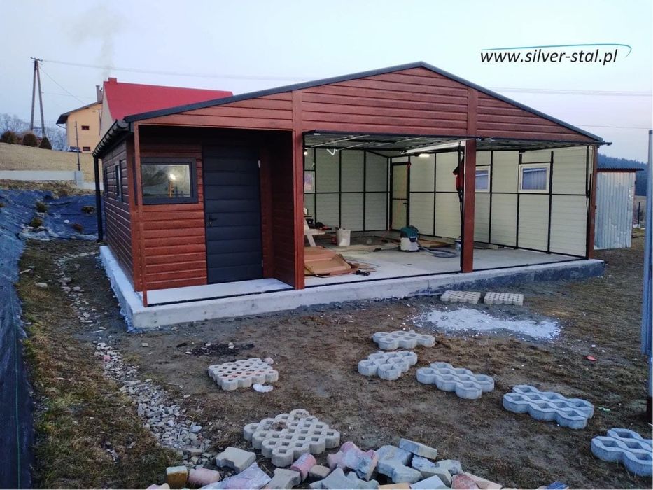 Garaż blaszany z wnęką 8x6 silver-stal 8x7