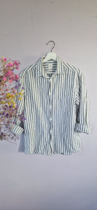 Biała miętowa koszula w paski z długim rękawem len bawełna H&M M L