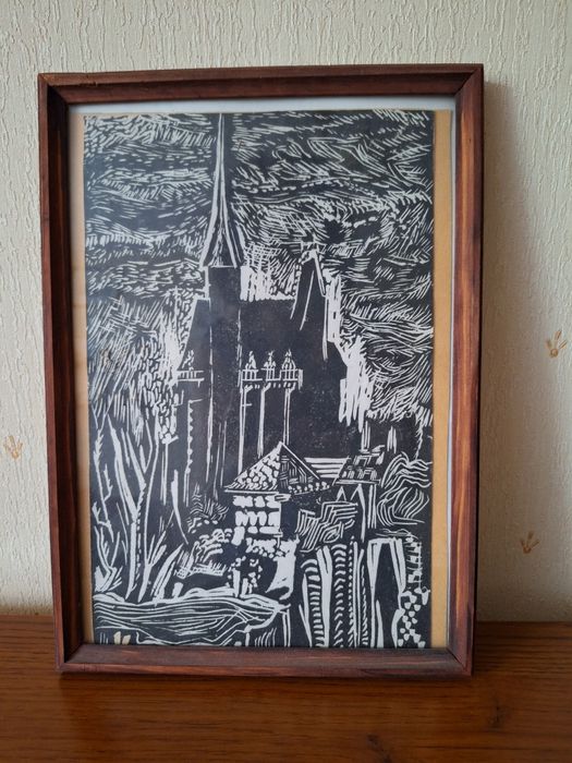 obraz - pejzaż z architekturą -  grafika autor nn
