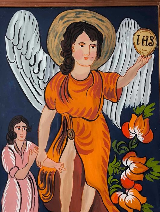 Stary polski obraz religijny Anioł malowany na szkle, Design Vinage