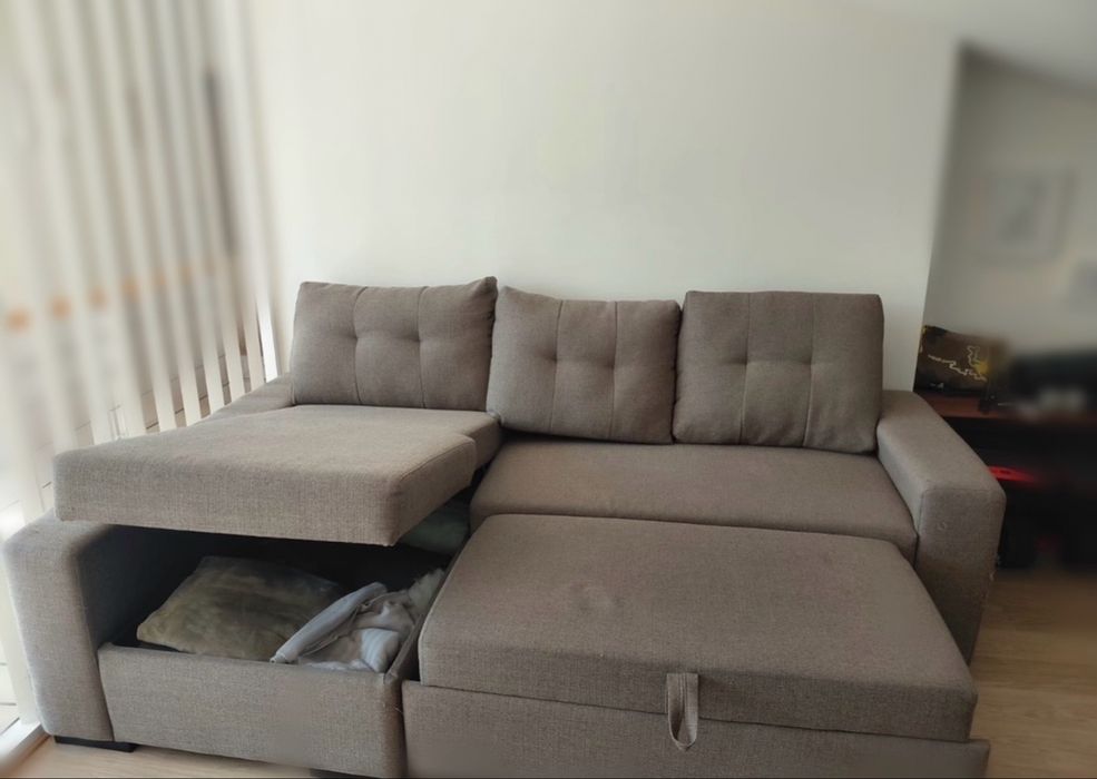 Sofá Cama Cinza  com Chaise Fixa