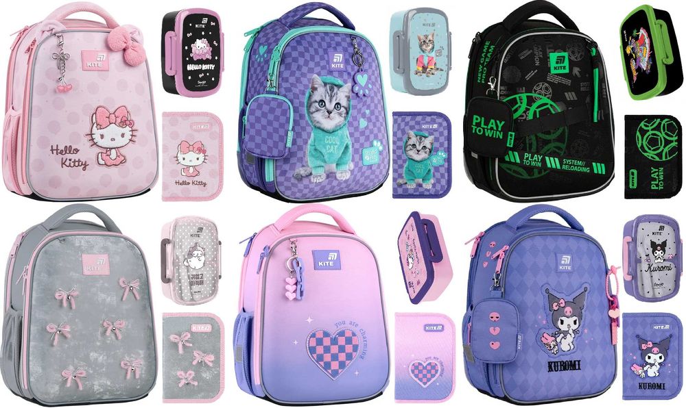 Рюкзак Kite Education 555S шкільний пенал сумка Kuromi Hello Kitty Wheels