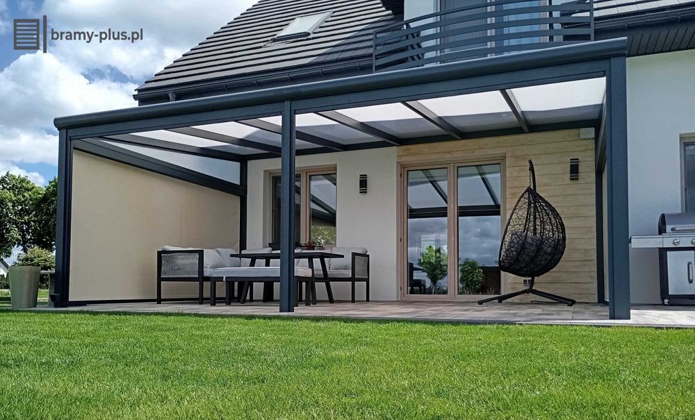 Zadaszenie tarasu aluminiowe, kremowe, białe, jasne, lamelowe, pergola