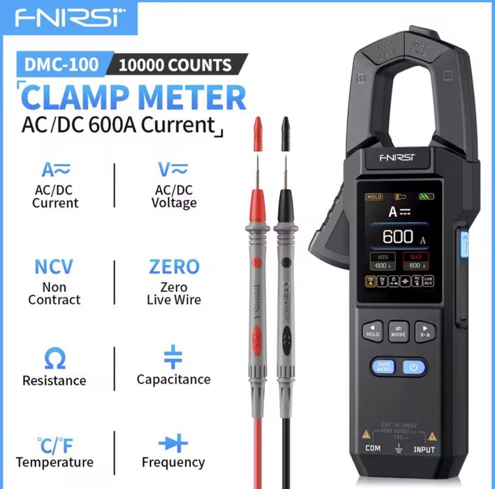 FNIRSI DMC-100 струмові кліщі АС/DC 600A мультиметр.  підраховує TRMS