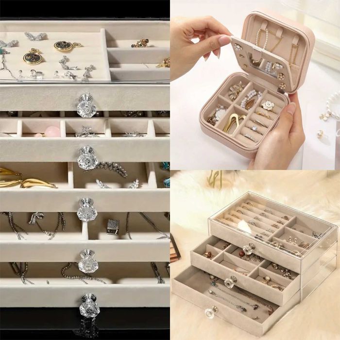 Conjuntos de "jóias", colares, alianças, anéis e guarda jóias. Novos.