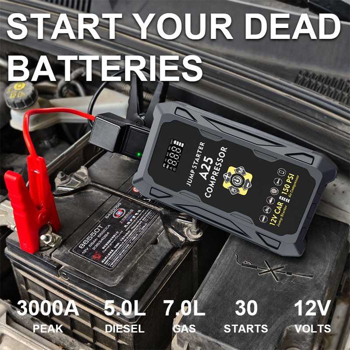Пуско зарядный Бустер с Компрессором Starter A25 4в1 3000А, 37000mWh