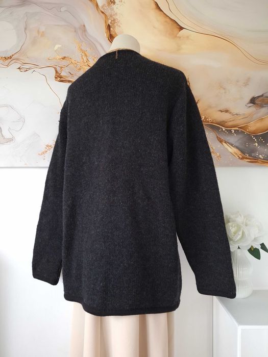 Damski Męski Sweter Kardigan Vintage Szary Czarny Haftowany Wełniany