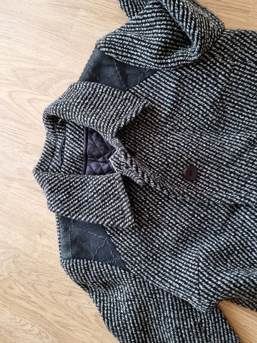 Długi płaszcz wełniany czarno biały w paski xl