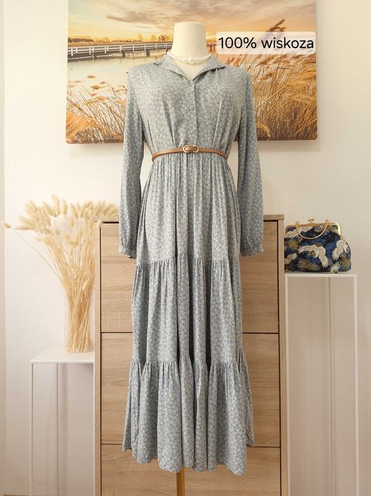 Wiosenna Sukienka Midi Kwiecista Wiskozowa Błękitna Last Queen Paris