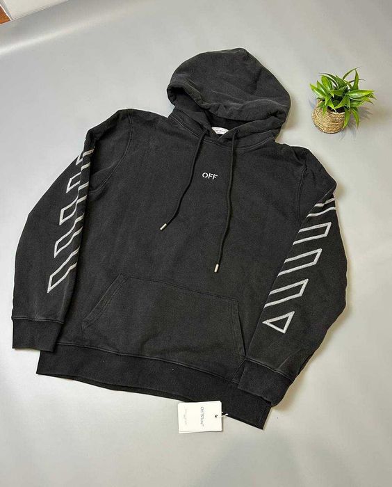 Черное худи Off-White / Брендовая толстовка оверсайз с принтом и капюшоном (M)