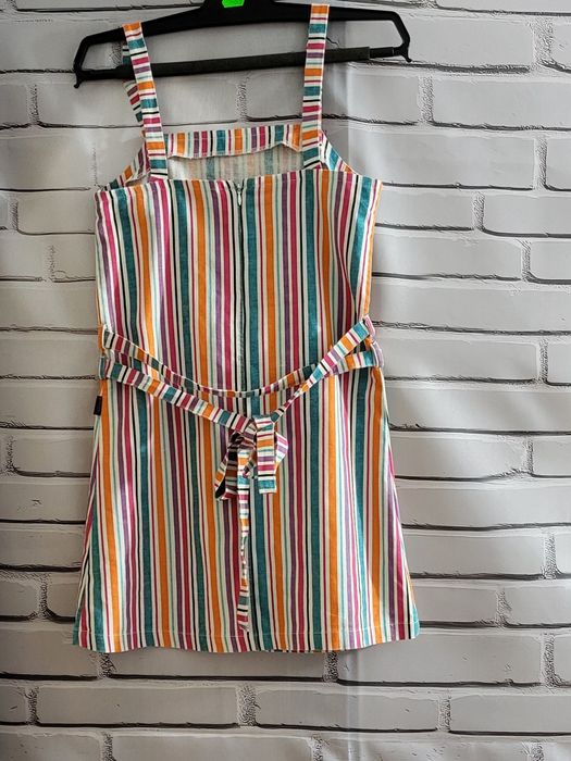 Letnia, lniana sukienka, paski, tęczowa, mariquita, 140 cm, 2