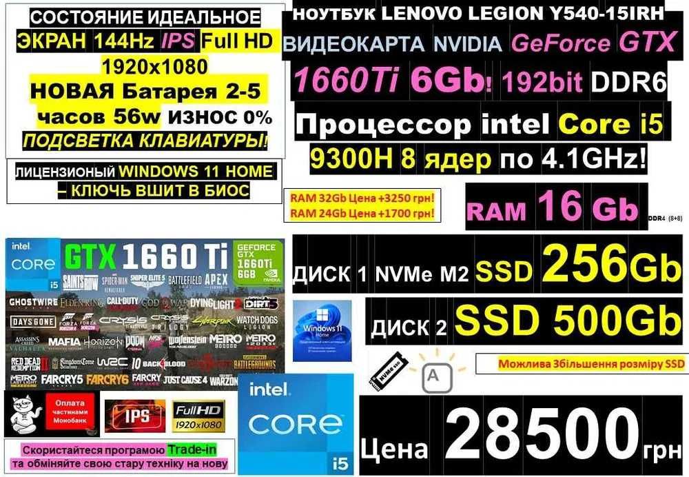 150+ Ноутбуків в ОДЕСІℹ️ LENOVO LEGION 5‼️144Hz‼️GTX1660Ti 6gb‼️Core i5 8 ядер/SSD 256+SSD 500Gb/RAM 16-32Gbℹ️Traid-In‼️РОЗТРОЧКА ОНЛАЙ через МОНО