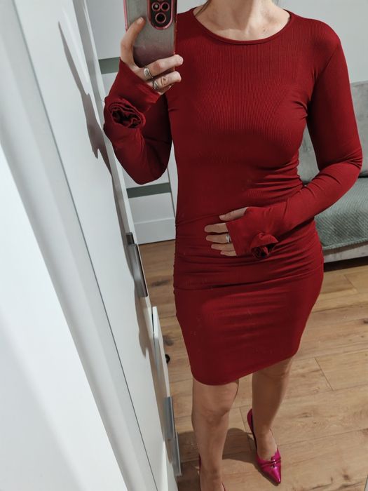 Sukienka bordowa burgund wino s m XS prążek róża marszczona wiskoza