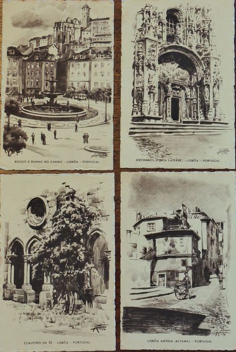 4 bilhetes postais desenhos de José Contente