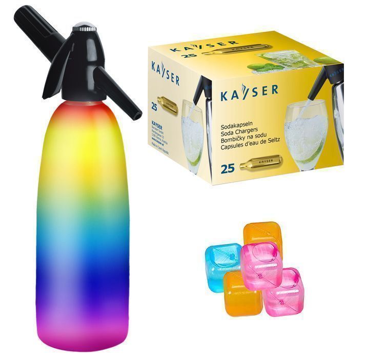 Saturator syfon do wody sodowej tęczowy 1L + 25 naboi + 5 kostek lodu