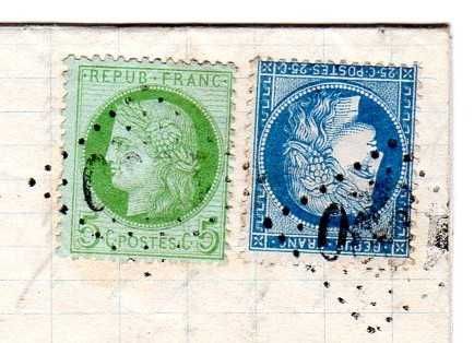 RARA Carta Francesa de 1873 com Selos Postais "Ceres" de 5 e 25 Cêntimos Invertidos