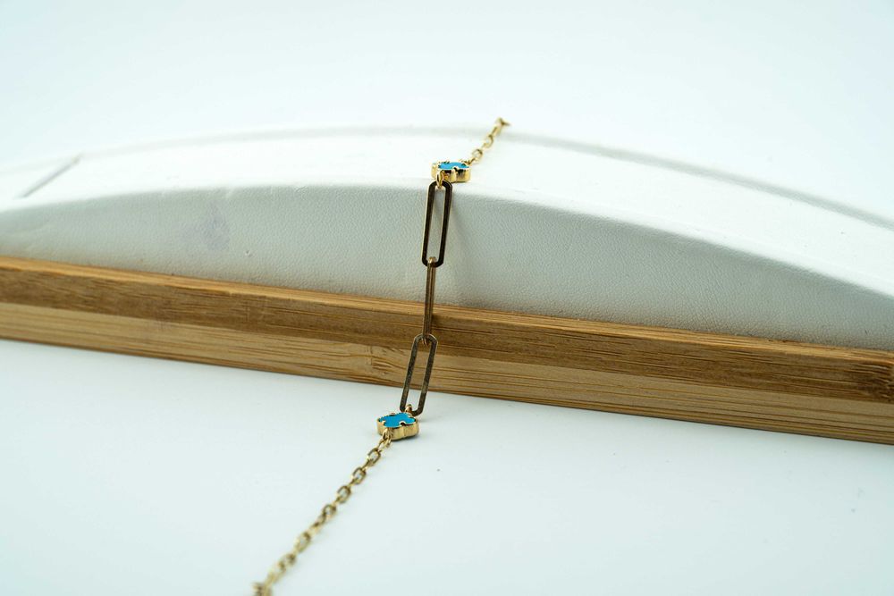 Piękna bransoletka spinacz paper clip niebieskie koniczynki złoto 585