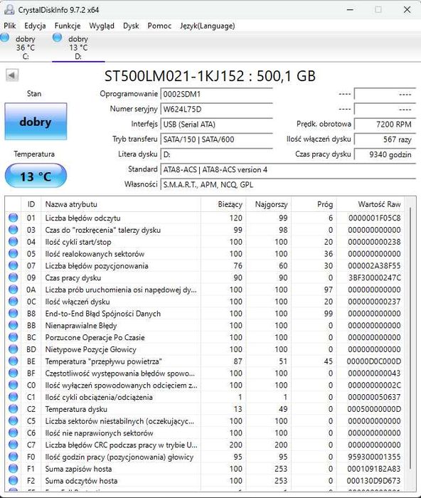 Dysk HDD Seagate ST500LM021 500GB SATA GW3m N09