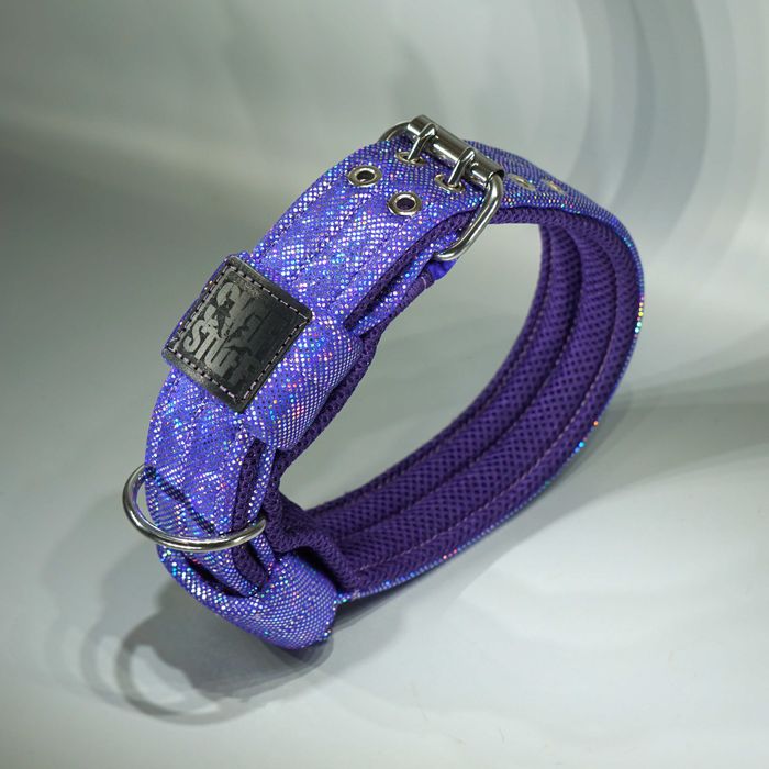 Brokatowa FIOLETOWA obroża dla psa 5 cm — PREMIUMcomfort