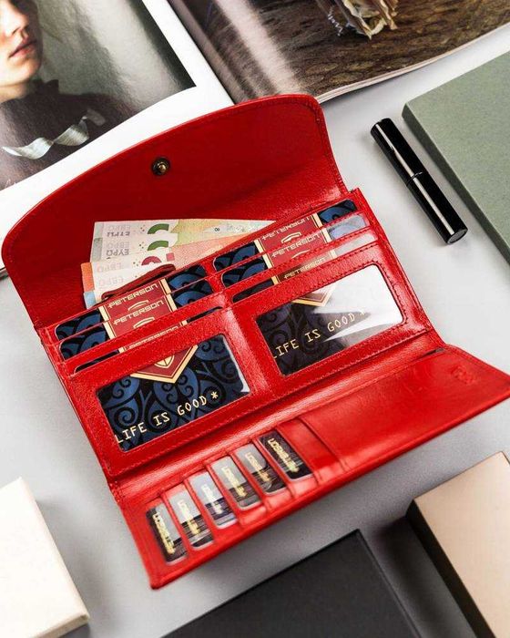 Portfel Damski PETERSON Duży SKÓRZANY Klasyczny Poziomy Elegancki RED