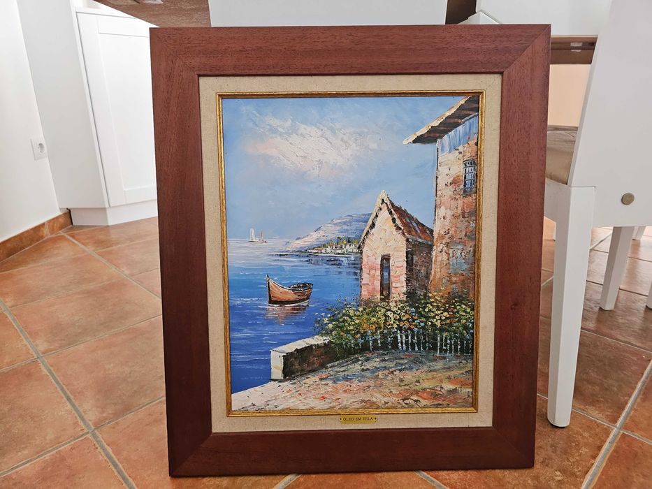 Pintura a Óleo sobre Tela – Paisagem Marítima com Barco – 69x59 cm