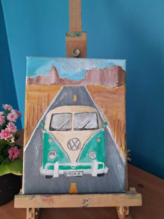 Autobus, ogórek, Volkswagen, obraz, akryl 18cmx24cm