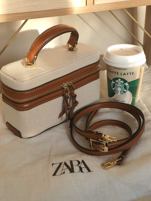 ZARA –Beżowy kuferek/torebka z brązowymi paskami z eko-skóry