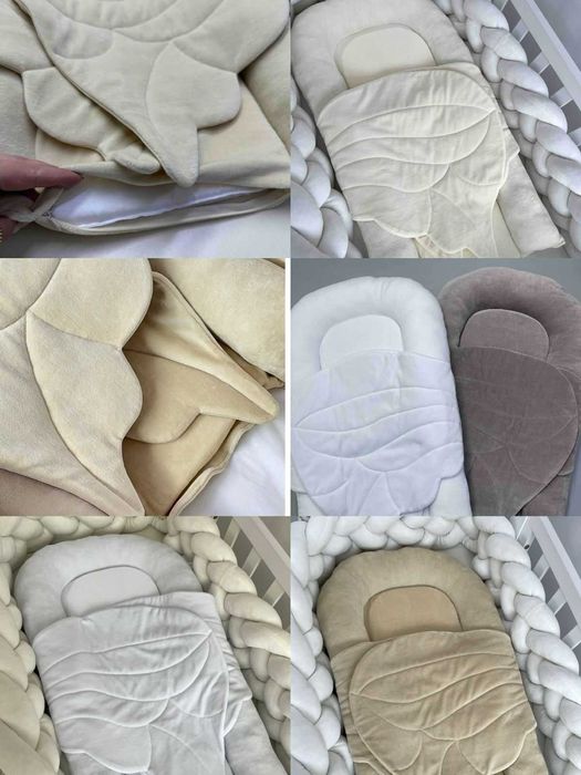 Кокон гнездышко для новорожденных с крыльями Велюр, косичка, муслин