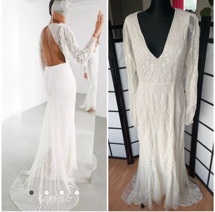 sukienka koronkowa maxi tren 42 xl asos luxe ażurowa haft cekinowa