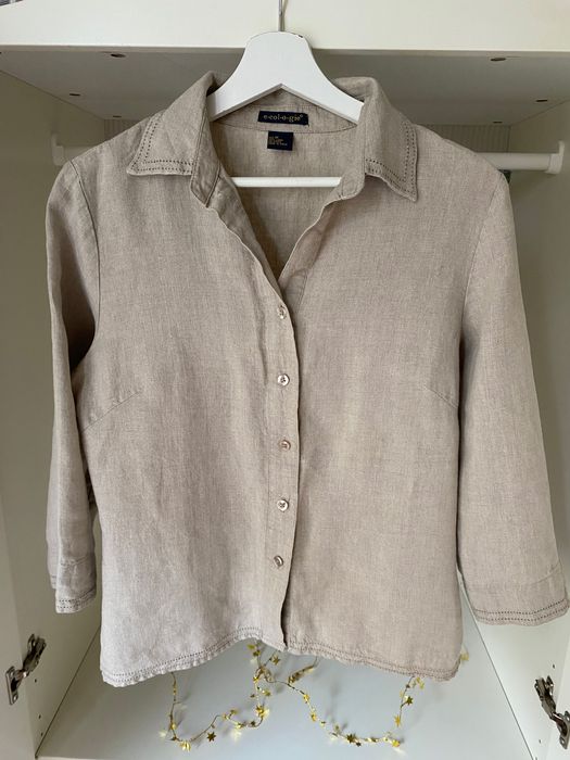 Koszula lniana beżowa rozpinaną z kołnierzykiem M 38 100% Len