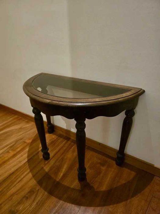 Mesa de Apoio Meia-Lua em Madeira Maciça e Vidro (Baixa)