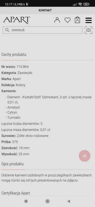 Zawieszka Apart z pozłacanym łańcuszkiem.