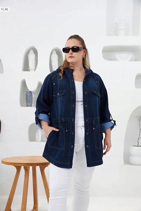 Oversize granatowa marynarka jeansowa z kieszeniami 56 5ia