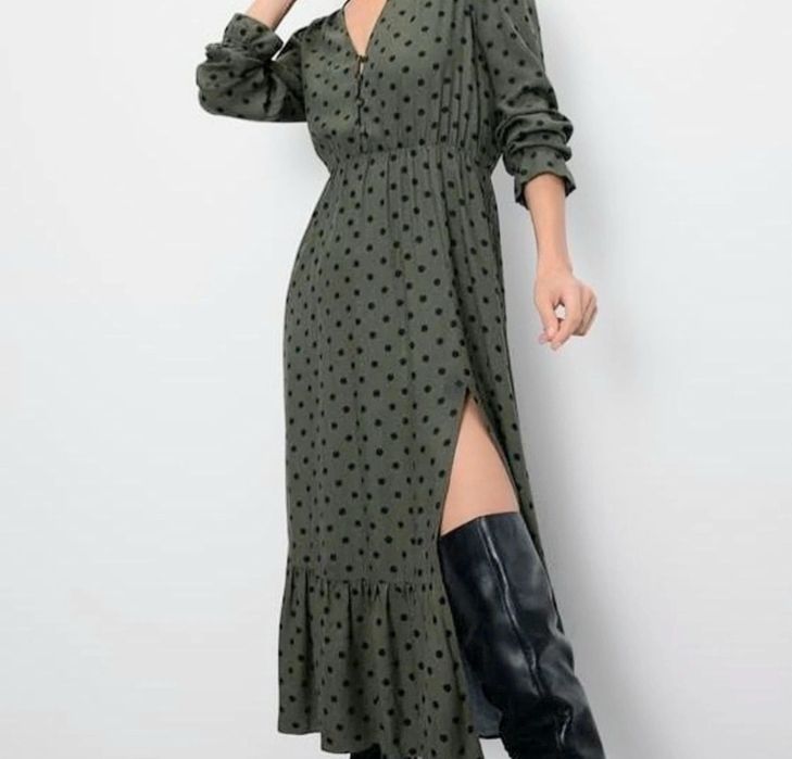 Zara sukienka khaki w groszki, boho. Wiskoza